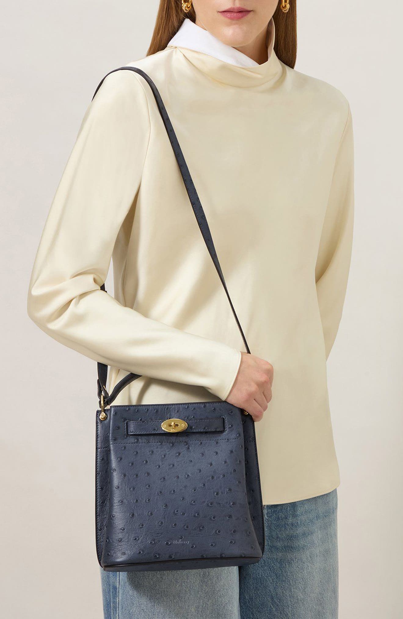 Mulberry Islington Ostrich Embossed Leather Bucket Bag, Alternate, color, Stormy Blue