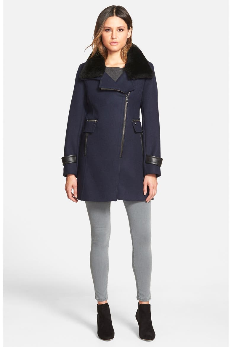 'Aubree' Wool Blend Coat with Detachable Genuine Shearling Trim, Alternate, color, NAVY