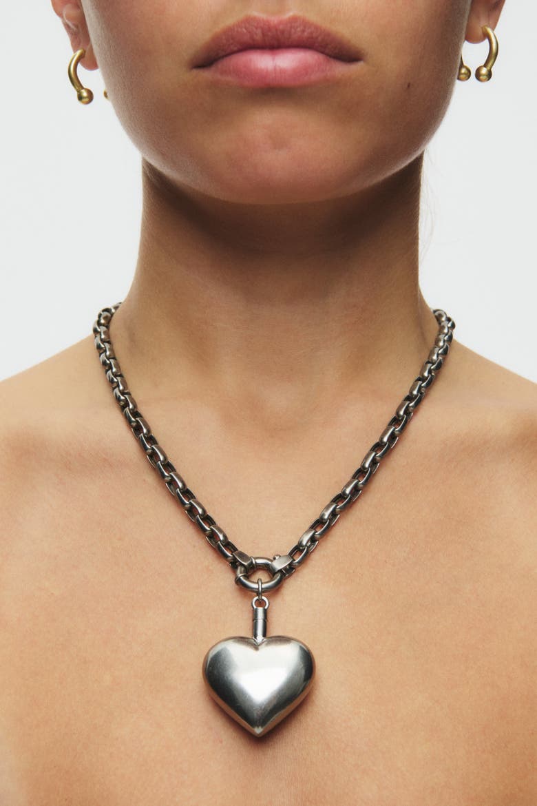 Puffed Heart Paperclip Necklace, Alternate, color, Silver
