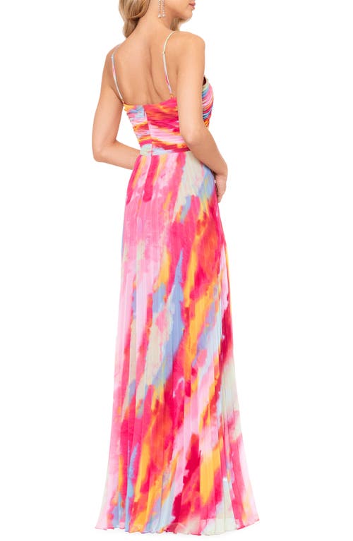 Xscape Evenings Print Pleated Gown In Fuchsia/multi