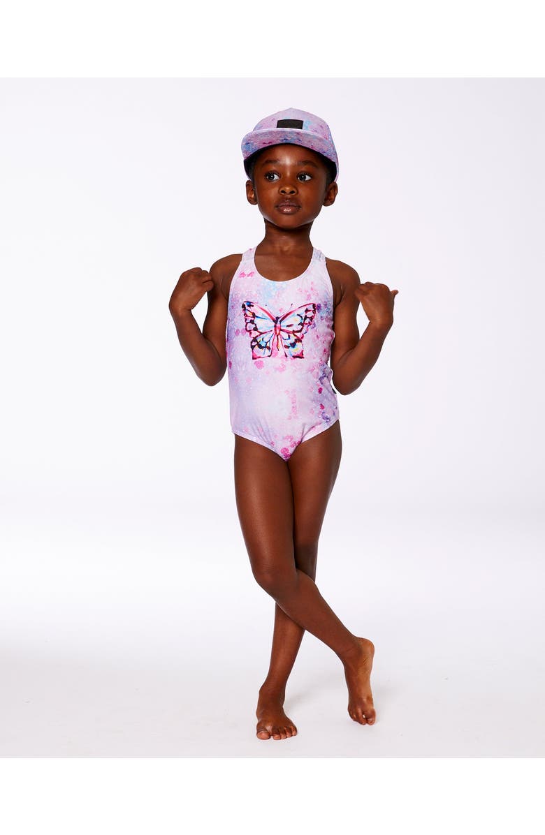 Deux par Deux Little Girl's Printed One-Piece Swimsuit Pink Butterflies With Bubble Effects, Alternate, color, Pink Butterflies Bubble Effect