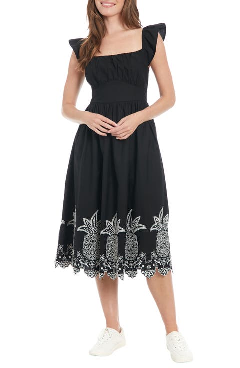 Embroidered Flutter Sleeve Midi Dress