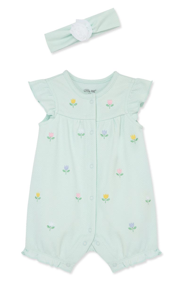 Little Me Embroidered Tulip Romper & Headband Set, Main, color,