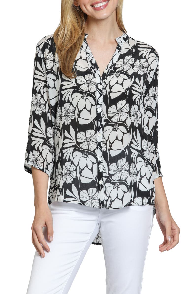 APNY Mixed Stripe Mandarin Collar Button-Up Shirt, Main, color, Black/ White