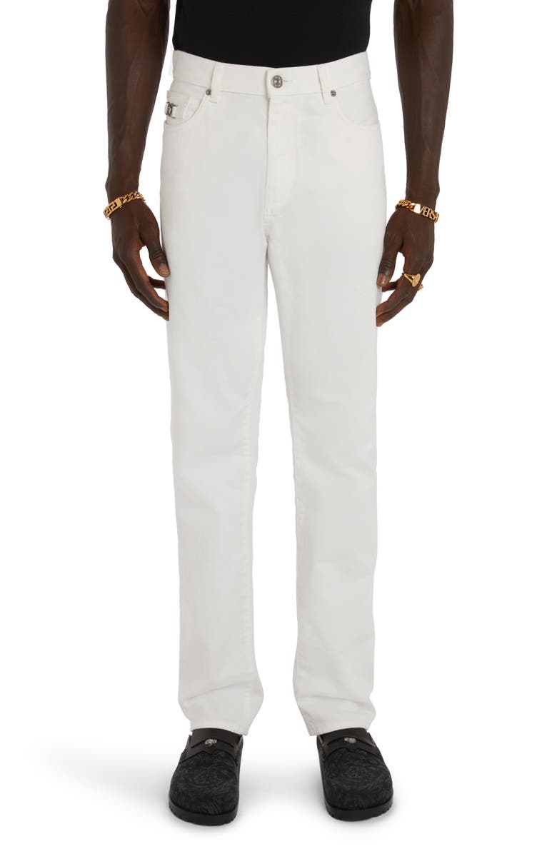 Versace Medusa Buckle Straight Leg Jeans, Main, color, White