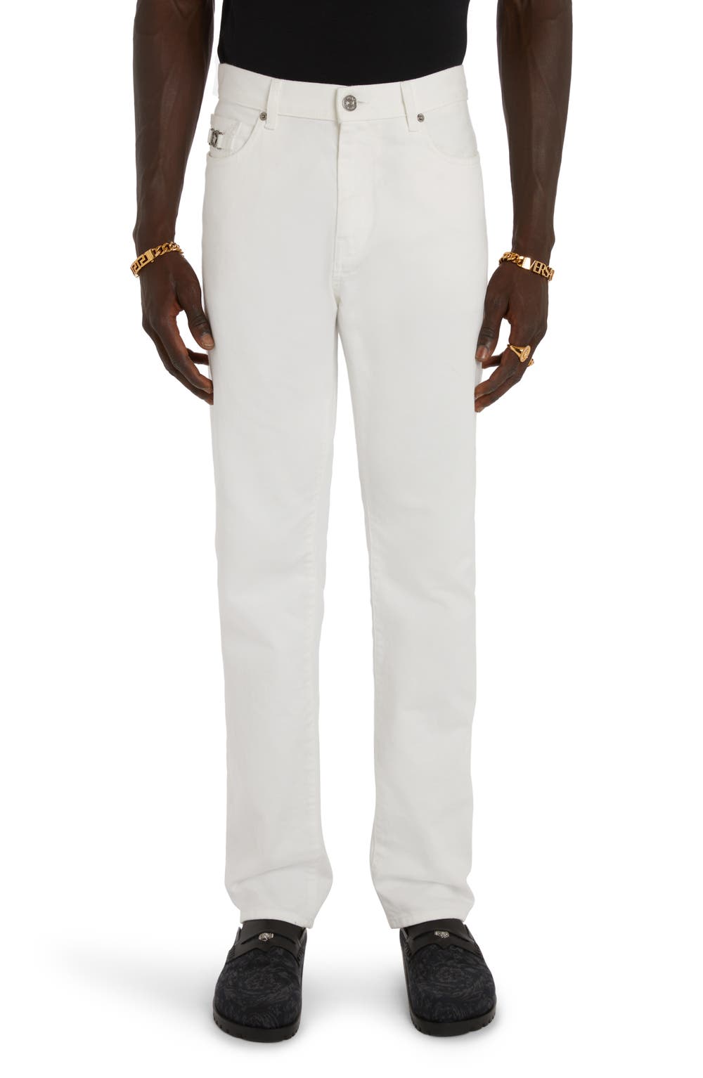 Medusa Buckle Straight Leg Jeans, color, WHITE
