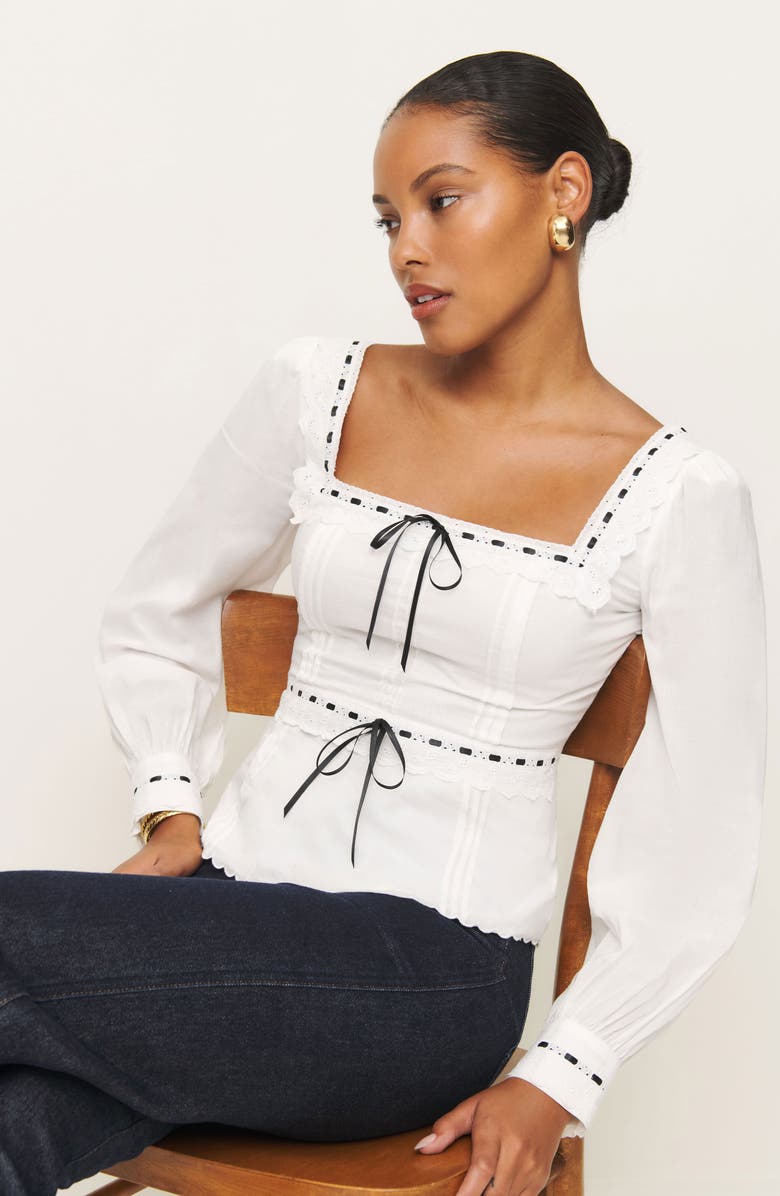 Reformation Haisley Ribbon Accent Organic Cotton Peplum Top, Alternate, color, 