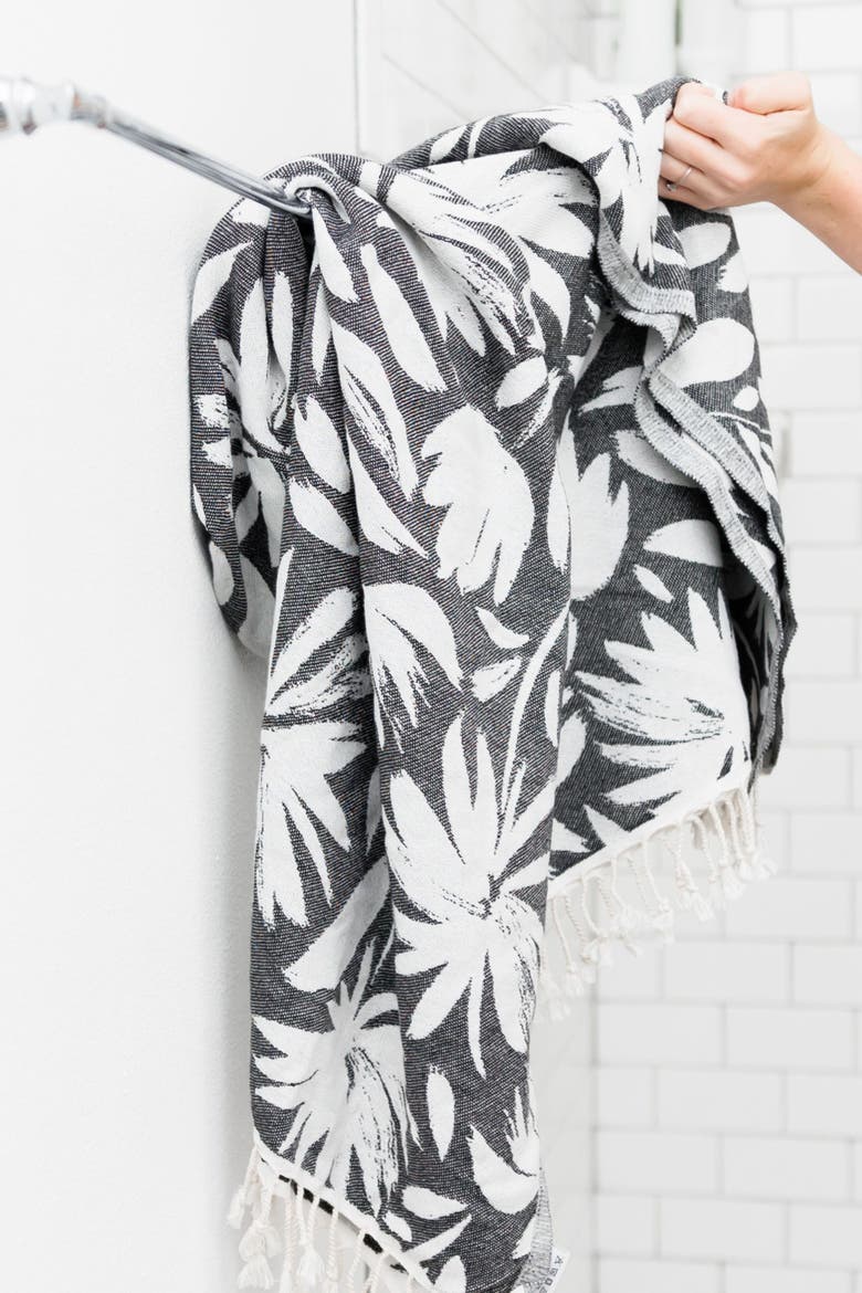 Whimsical Flower Organic Turkish Towel, Alternate, color, Black