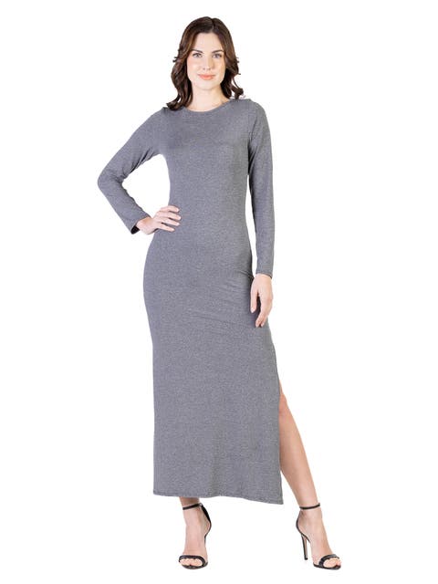 Long Sleeve Side Slit Fitted Black Maxi Dress