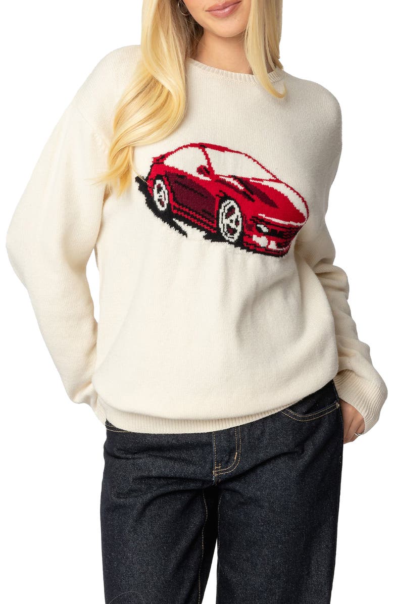 EDIKTED Motor Medley Graphic Crewneck Sweater, Main, color, Cream