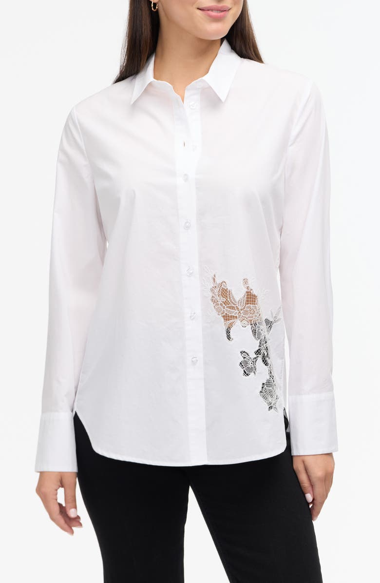Ellen Tracy Embroidered Flower Poplin Button-Up Shirt, Main, color, 