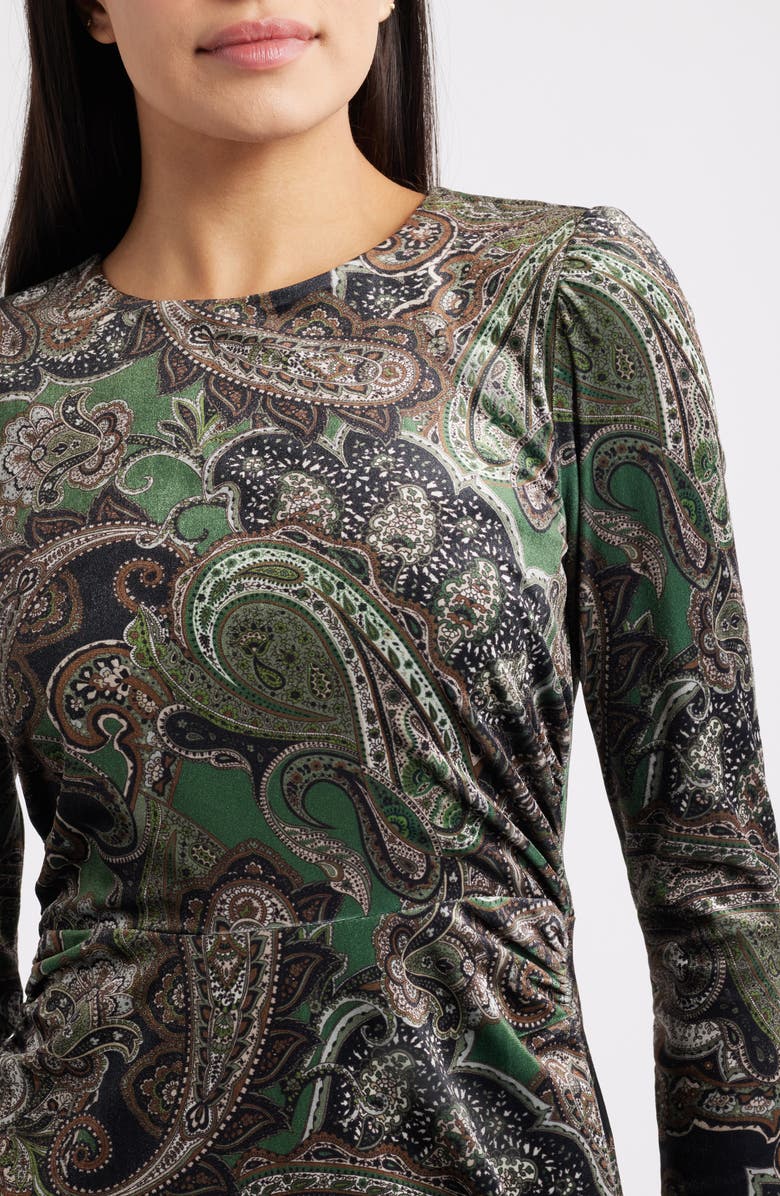 Julia Jordan Paisley Long Sleeve Velvet Midi Dress, Alternate, color, Green Multi