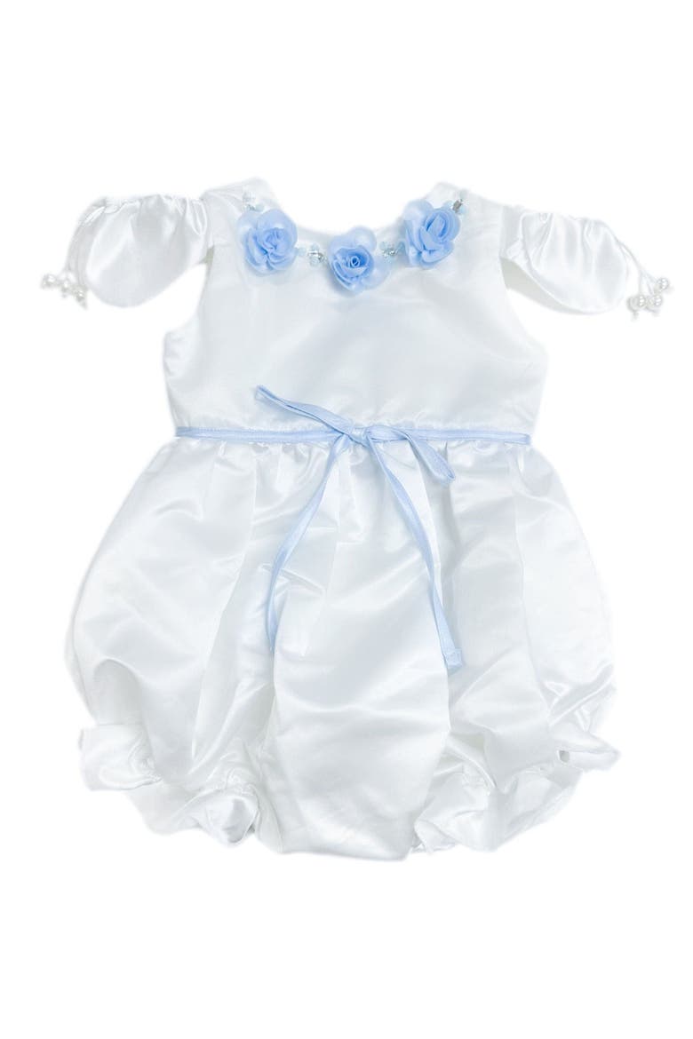 Daphne Satin Romper with Blue Embroidery, Alternate, color, White and Baby Blue
