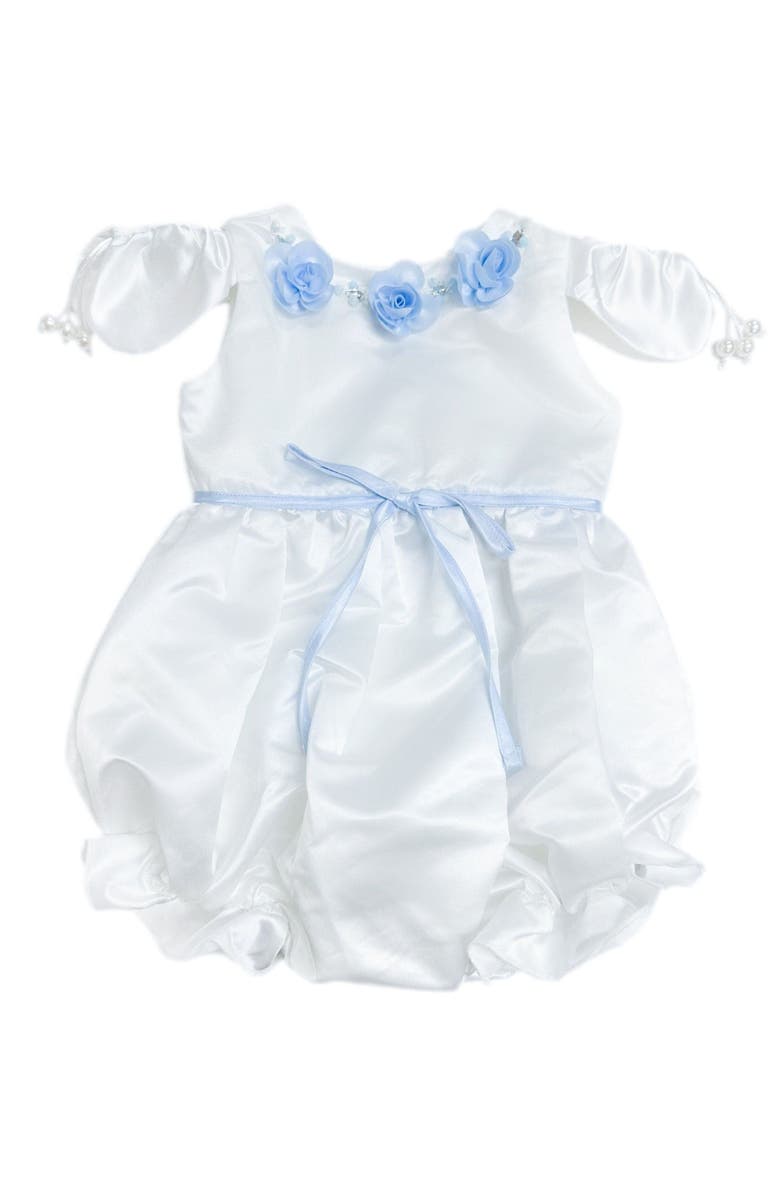 Petite Maison Kids Daphne Satin Romper with Blue Embroidery, Alternate, color, White And Baby Blue