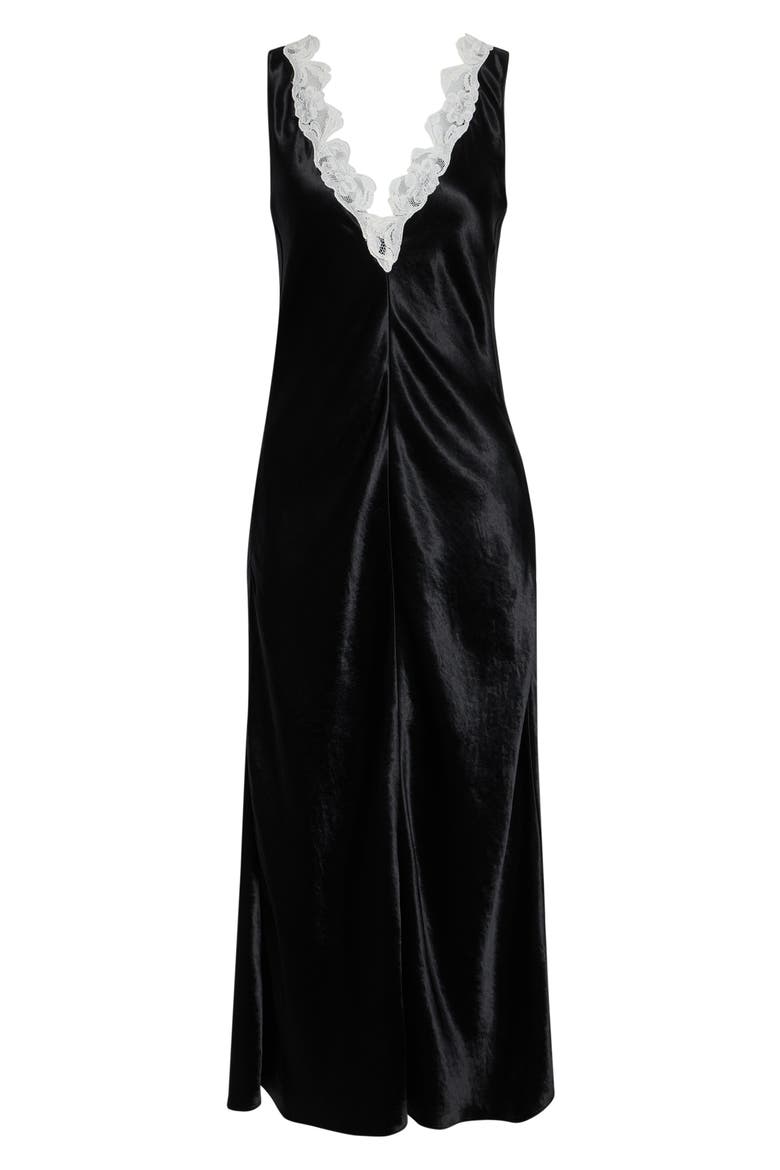 Lace V-Neck Satin Maxi Dress, Alternate, color, BLACK