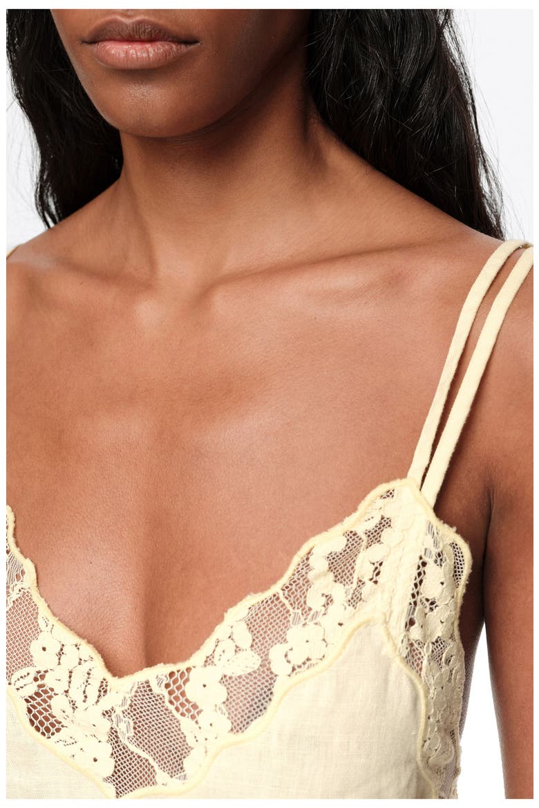 Washed Linen Lace V-Neck Midi Dress, Alternate, color, LIGHT YELLOW