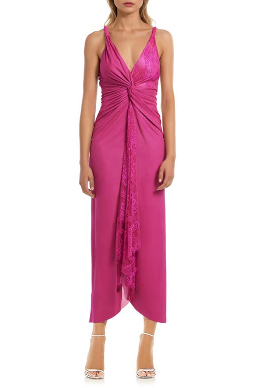 Jewel Badgley Mischka Twist Front Lace & Stretch Jersey Gown In Pink
