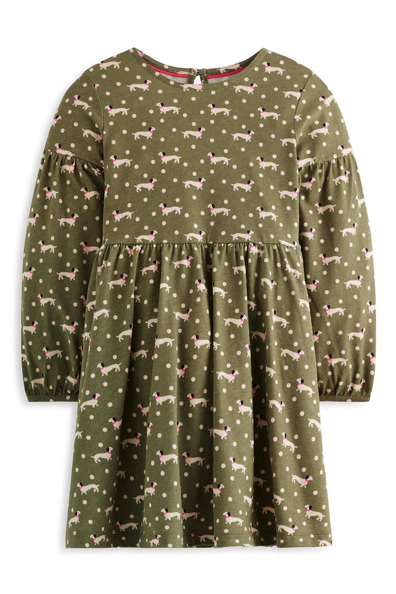 Kids' Blouson Sleeve Twirly Dress, Main, color, GREEN SAUSAGE DOGS