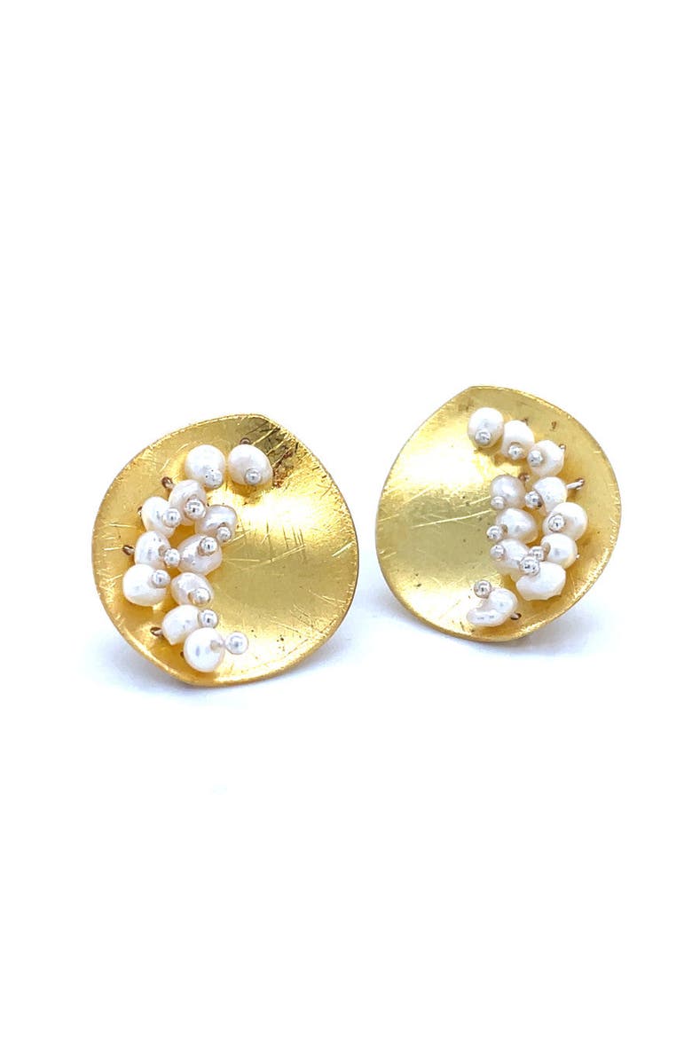 Leaf Mars Earring, Sterling Silver with Gold Plate and Fresh Water Pearls, Main, color, Gold Plated