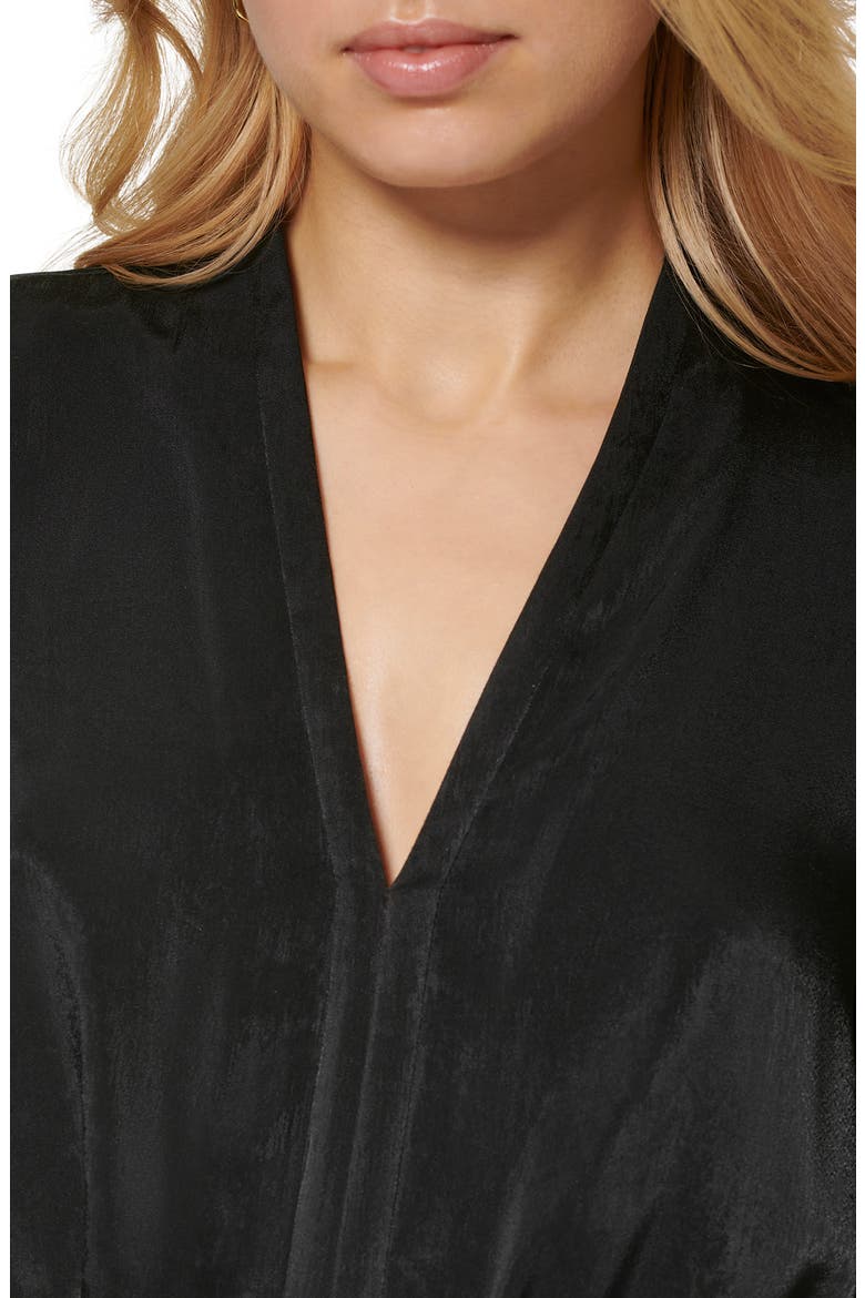 Gathered Long Sleeve Faux Wrap Dress, Alternate, color, BLACK