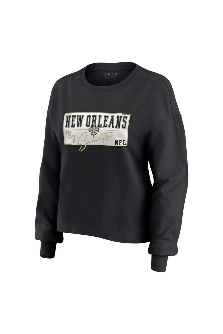 Women's WEAR by Erin Andrews Black New Orleans Saints Heavy Rugby Jersey Long Sleeve T-Shirt & Shorts Lounge Set, Alternate, color, Black