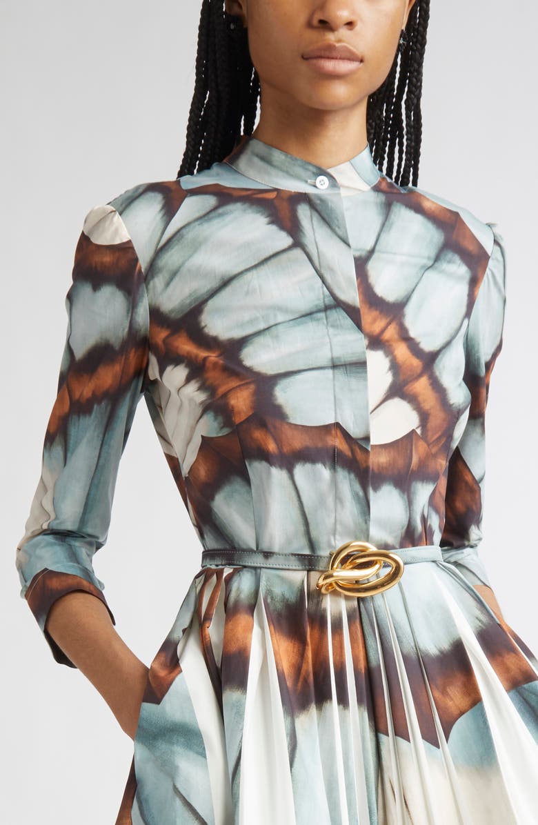 Oscar de la Renta Butterfly Print Belted Stretch Poplin Shirtdress, Alternate, color, Blue Multi