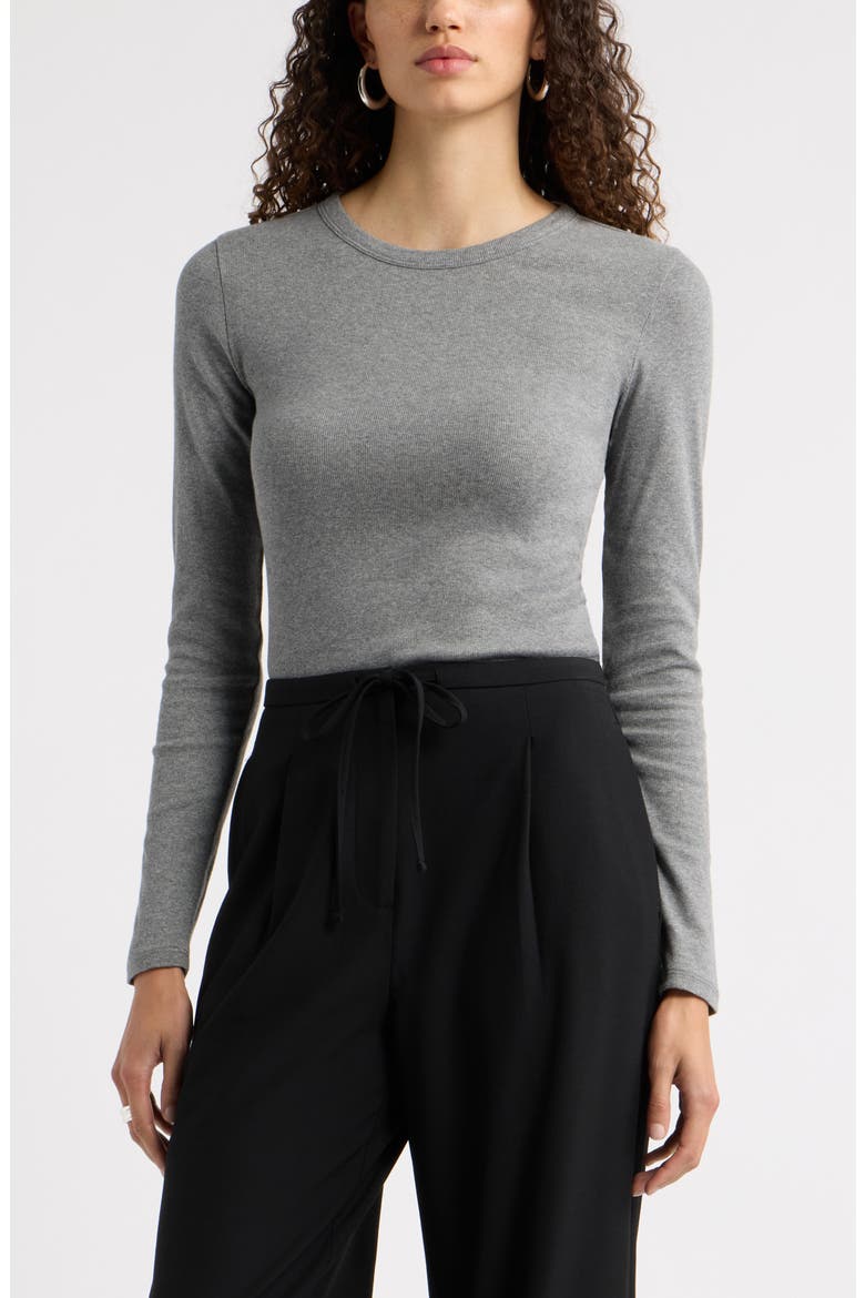 Ribbed Crewneck Long Sleeve T-Shirt, Main, color, GREY DARK HEATHER