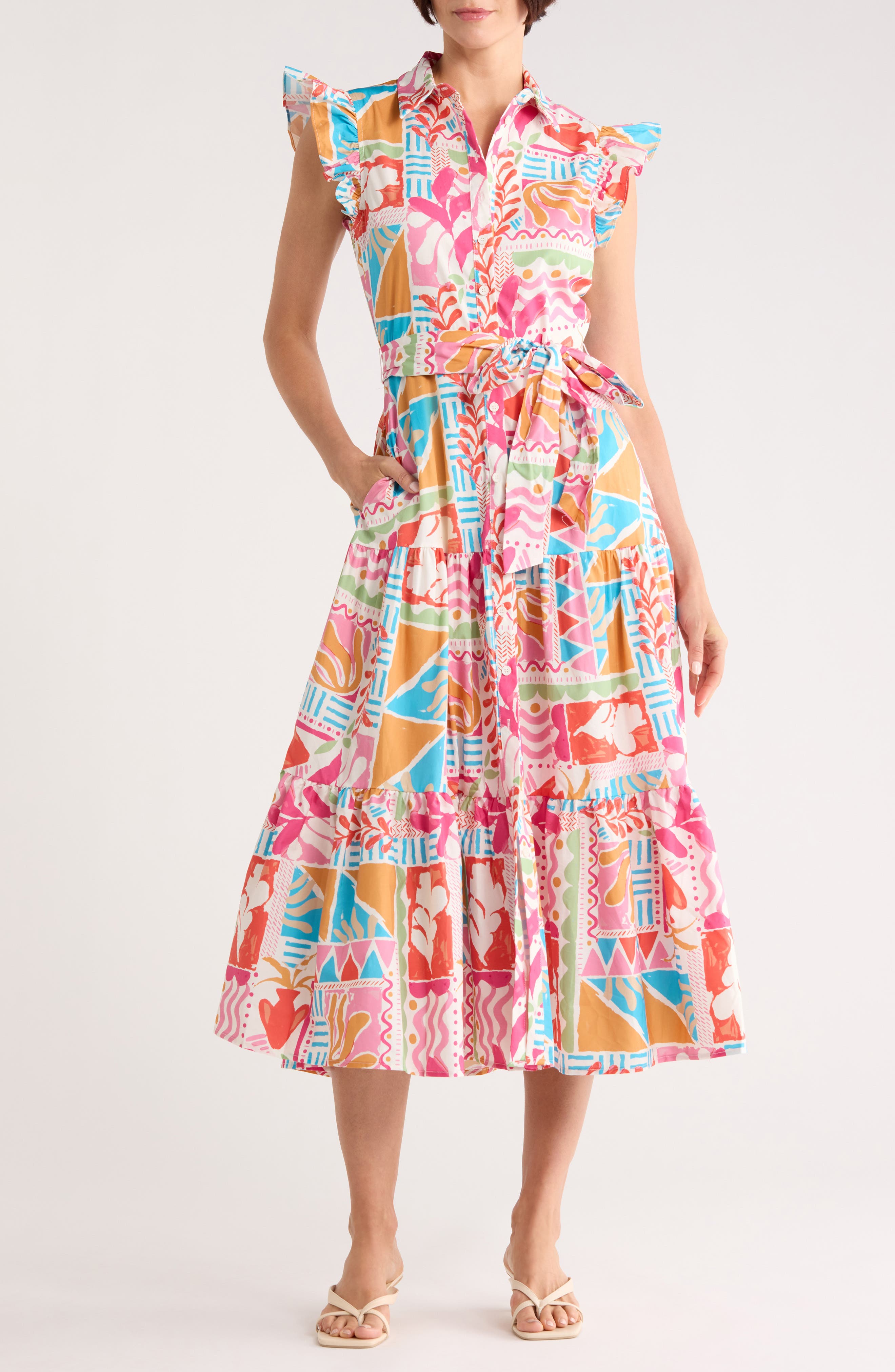 FLYING TOMATO Cap Sleeve Cotton Shirtdress