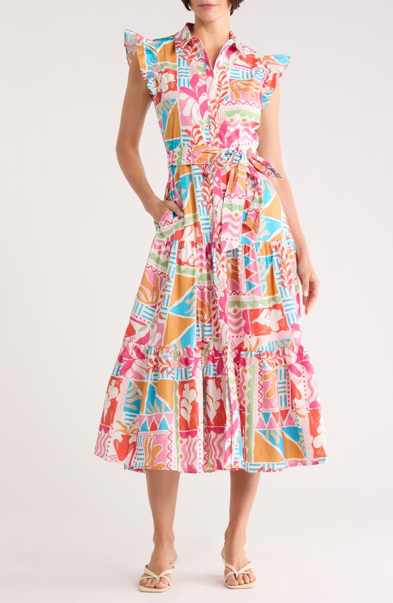 FLYING TOMATO Cap Sleeve Cotton Shirtdress, Main, color, Multi Print