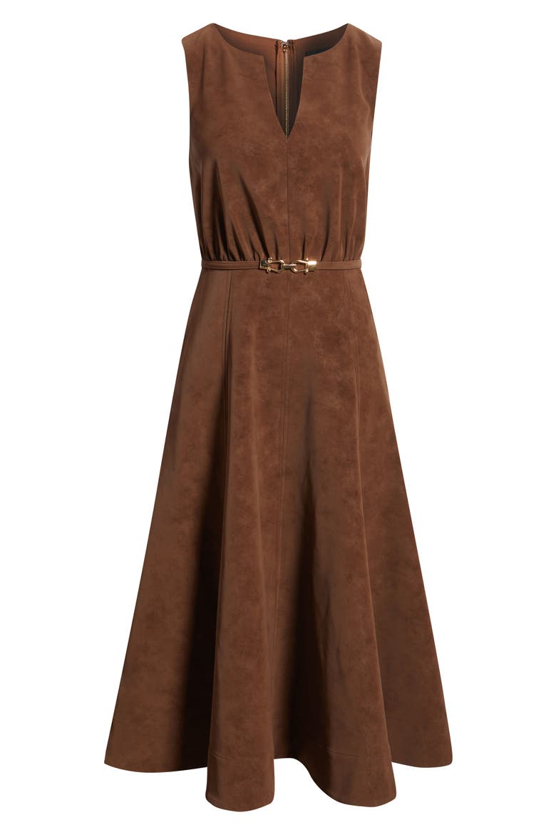 Eloise Belted Faux Suede Midi Dress, Alternate, color, BROWN