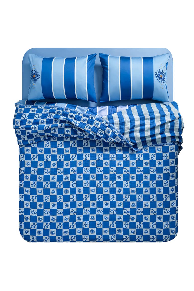 Costa Geometric Jacquard Fringed Oversiezed King Coverlet, Alternate, color, Medium Blue