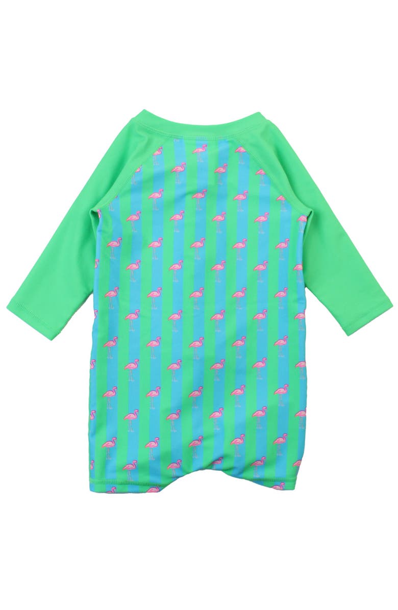 RuggedButts Boys Long Sleeve One Piece Rash Guard, Alternate, color, Neon Flamingo Stripe