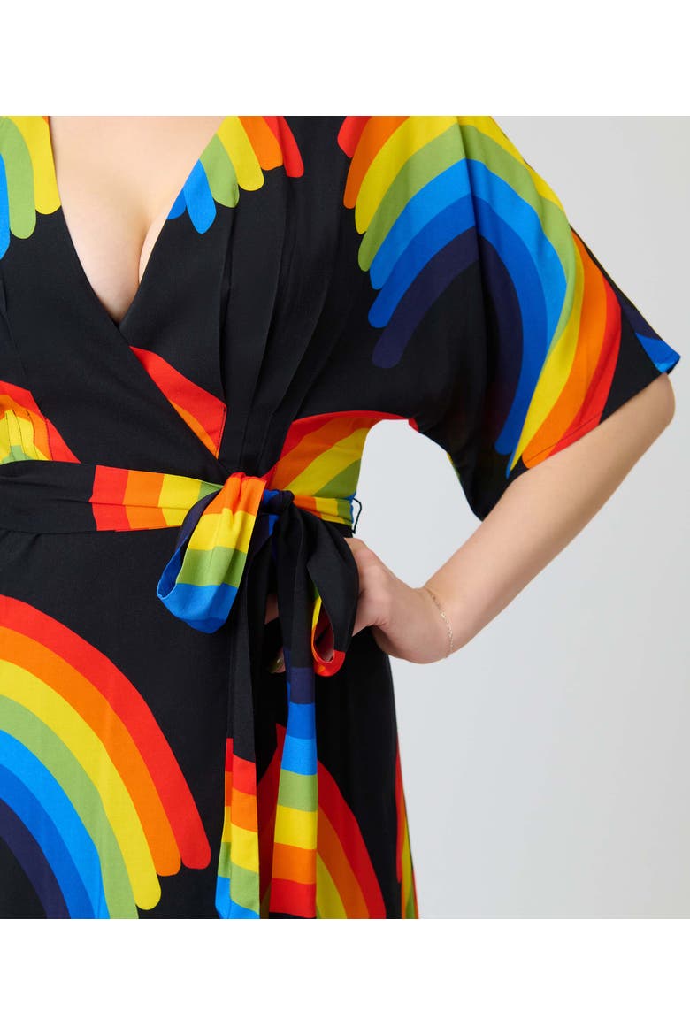 Tie Wrap Surplice Midi Dress, Alternate, color, Black w/ Rainbow Print
