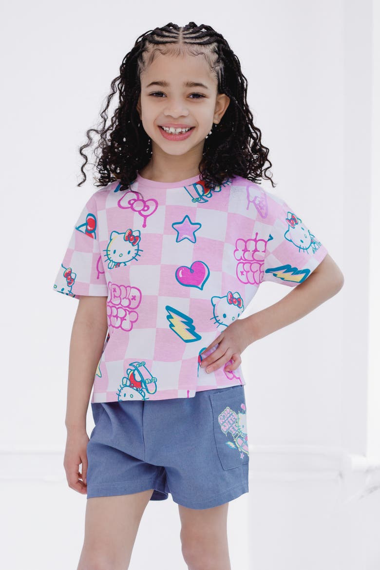T-Shirt and Chambray Shorts Set, Alternate, color, Hello Kitty Pink Blue
