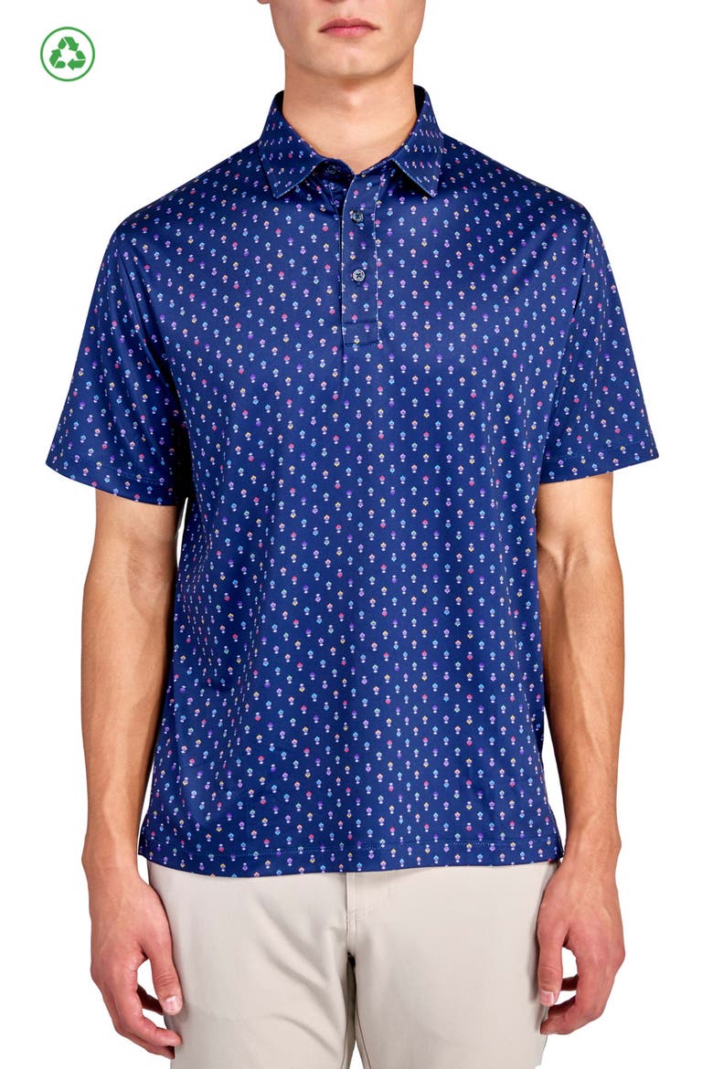 Regular Fit Floral Geo Motif Print Recycled Performance Golf Polo, Main, color, NAVY