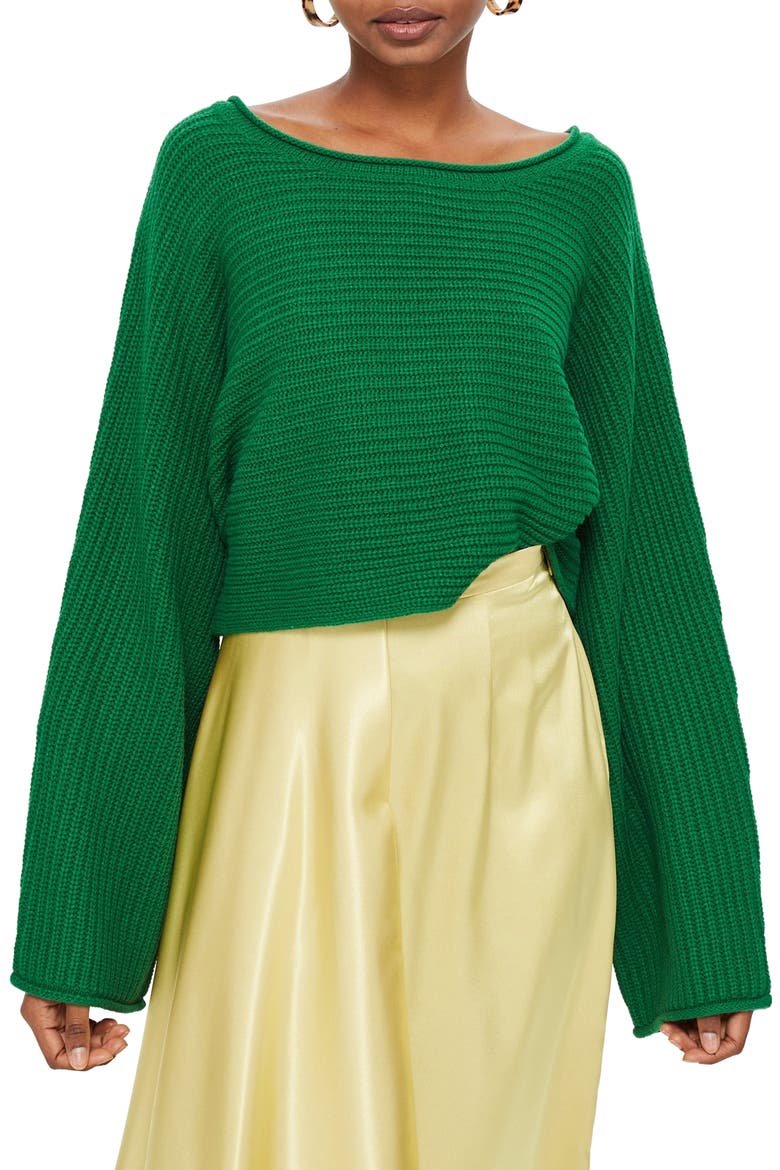 Roll Edge Crop Sweater, Main, color, GREEN