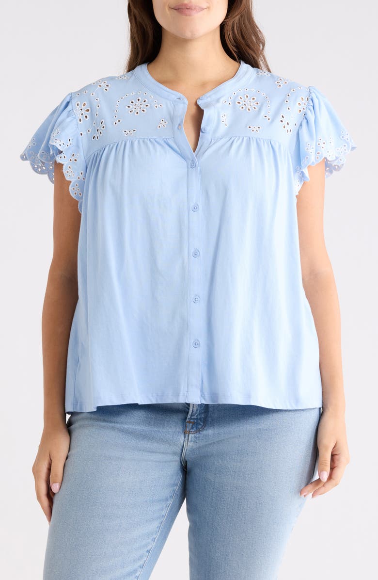 CHELSEA AND THEODORE Eyelet Embroidery Flutter Sleeve Top, Main, color, Chambray Blue/ White