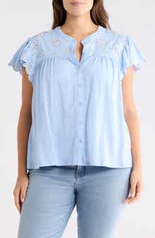 CHELSEA AND THEODORE Eyelet Embroidery Flutter Sleeve Top