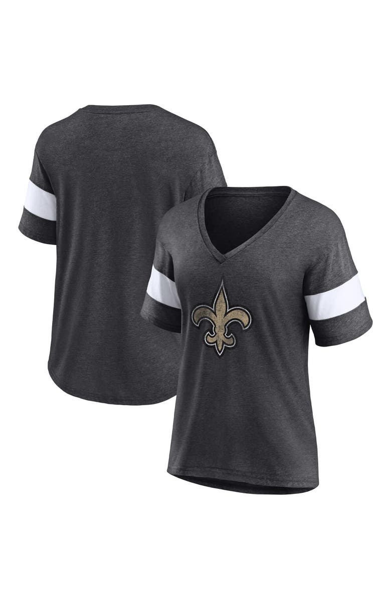 FANATICS Women's Fanatics Branded Heathered Charcoal/White New Orleans Saints Distressed Team Tri-Blend V-Neck T-Shirt, Main, color, Heather Charcoal