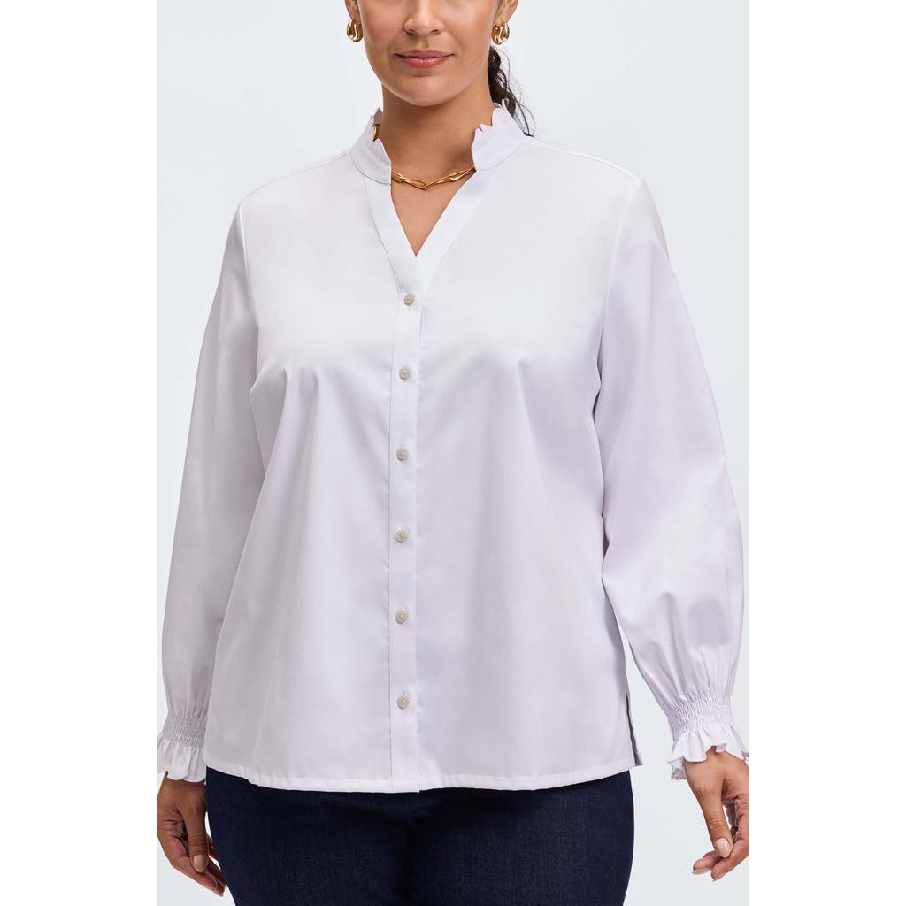 Foxcroft Elora Scallop Cotton Blend Button-Up Shirt in White