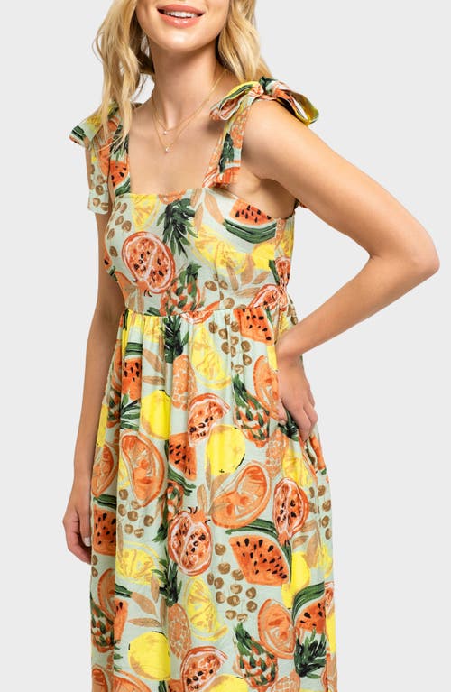 August Sky Fruit Print Tie Strap Midi Sundress In Multi