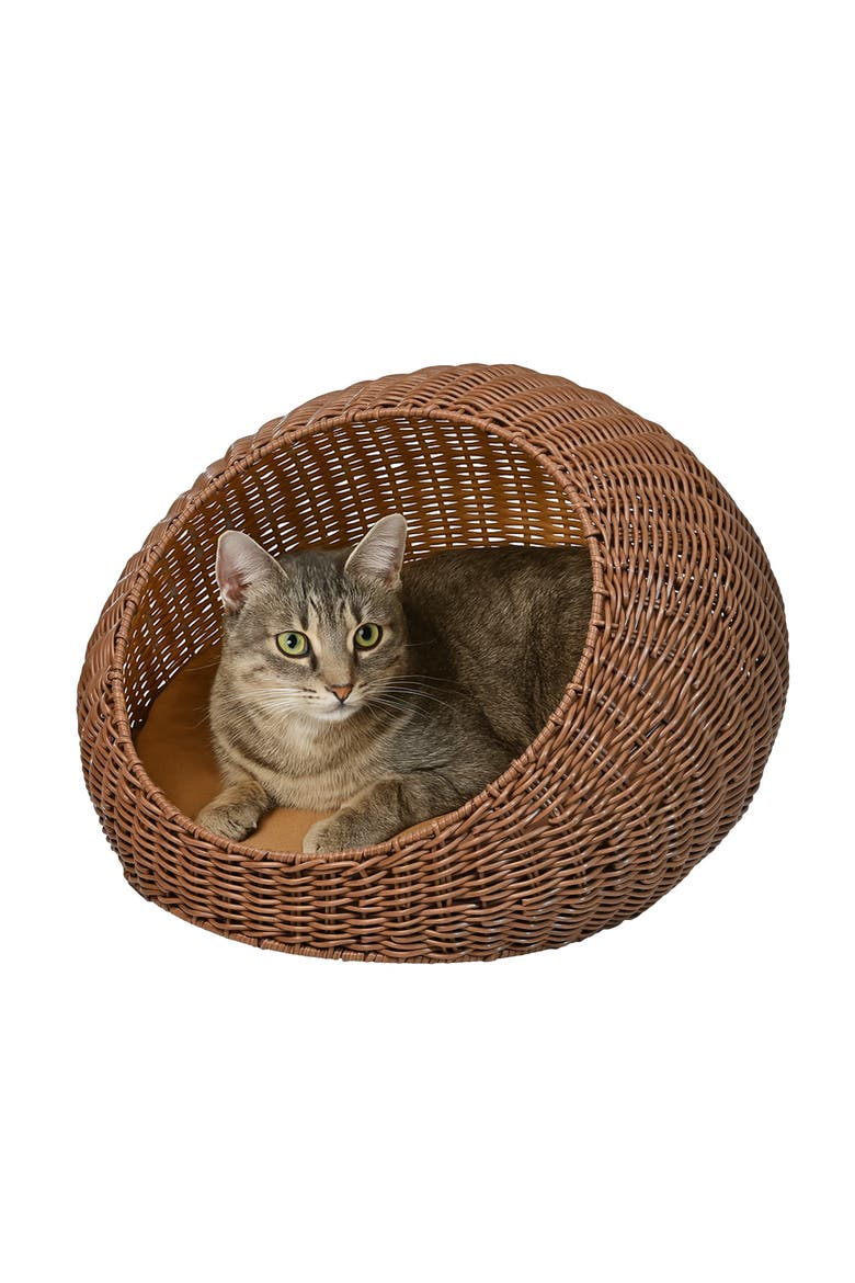 Fiora 19.5" x 18" Modern Circular Faux Wicker Pet Bed with Machine-Washable Cushion, Main, color, Brown