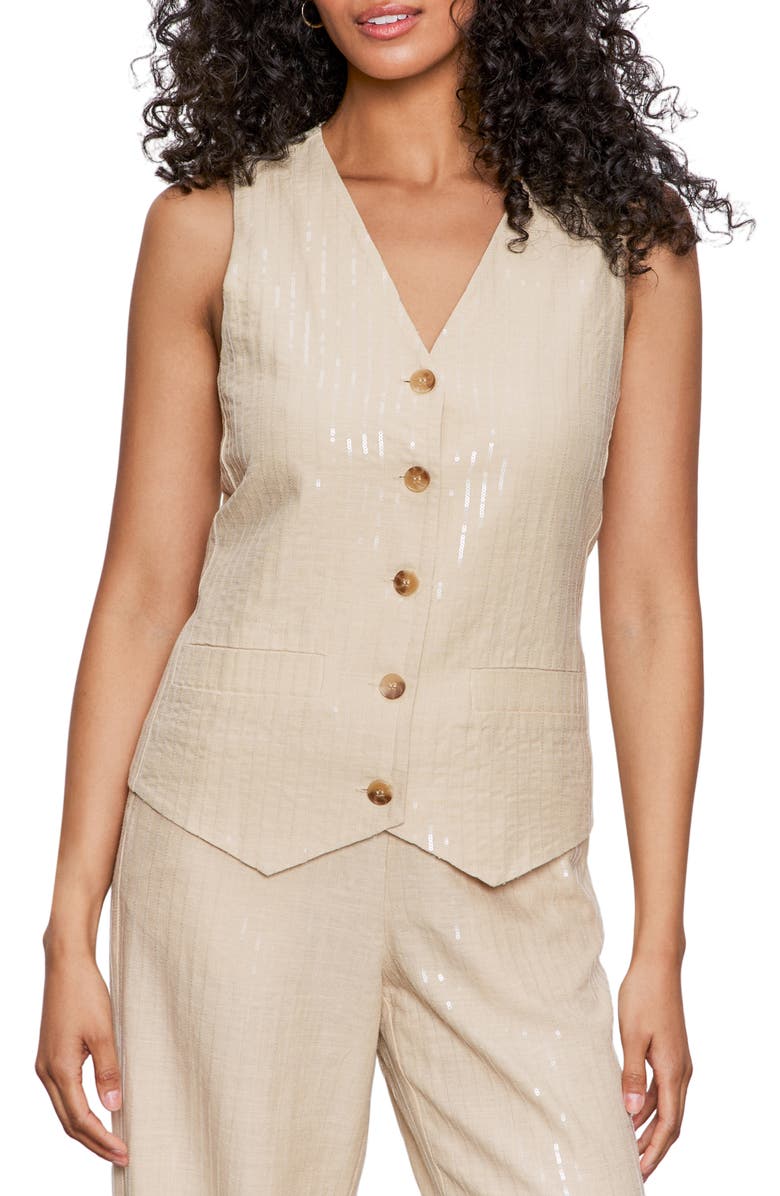 Sanctuary Modern Sequin Accent Button-Up Vest, Main, color, Sand Sequin