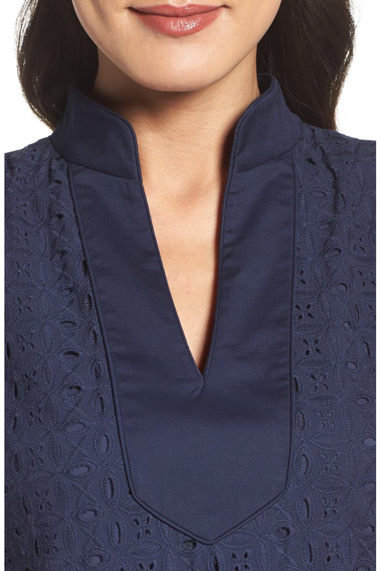 Mandarin Collar Lace Shift Dress, Alternate, color, NAVY