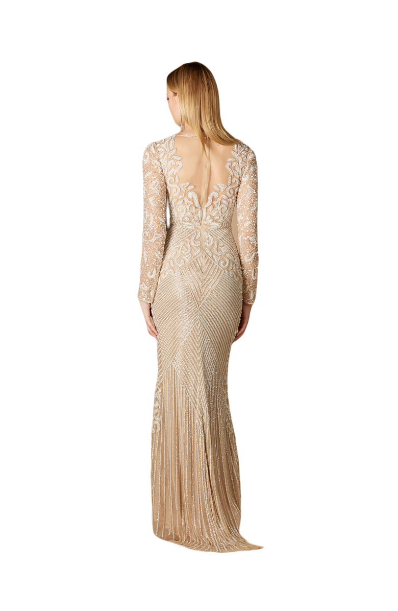 LARA New York Fitted Long Sleeve Beaded Gown, Alternate, color, Nudeivory