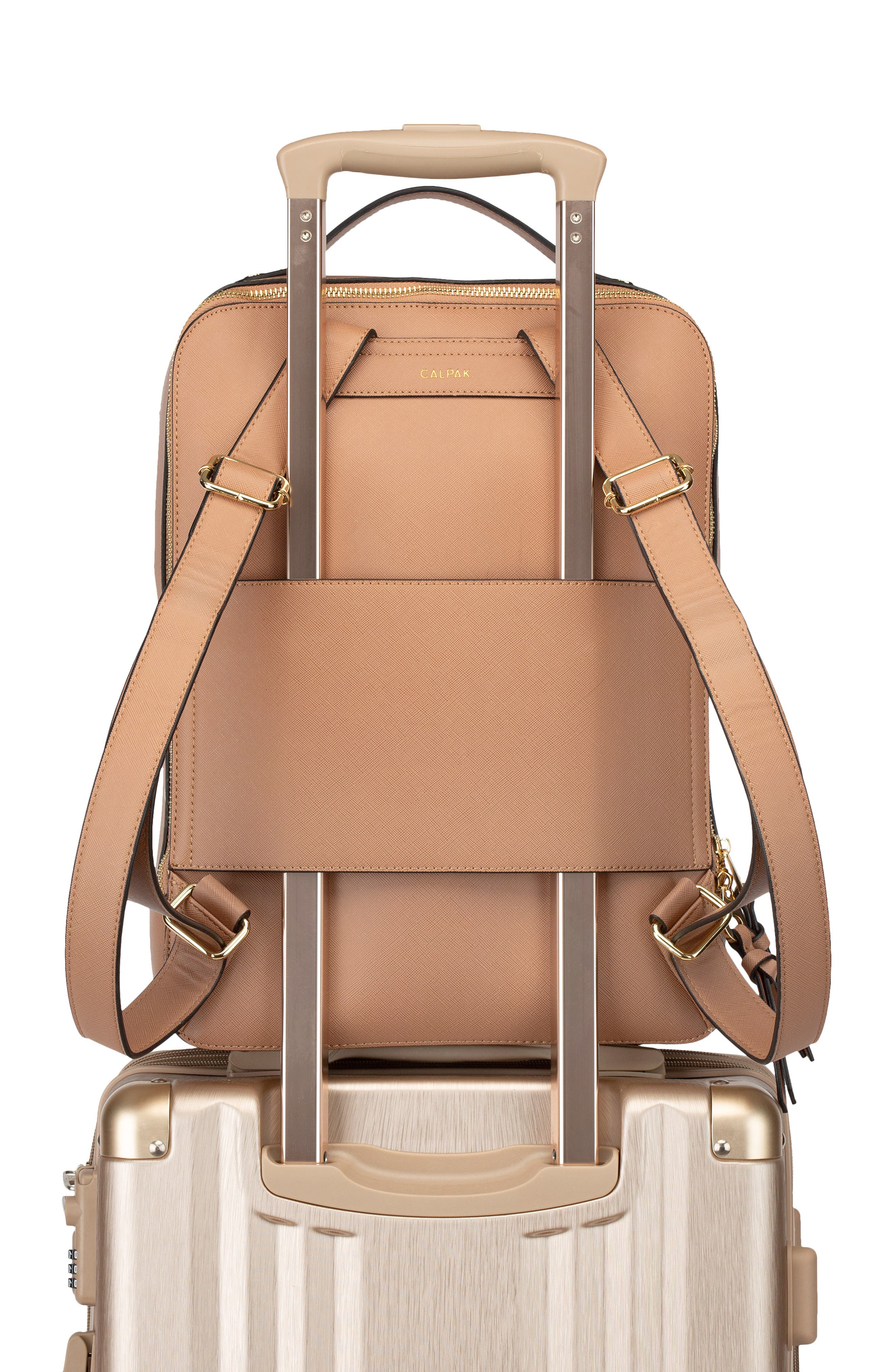 Calpak Dusty Rose Leather Laptop Backpack with Woven Trim Luka 17 inch Laptop Backpack in Rose Quartz | CALPAK main image 4