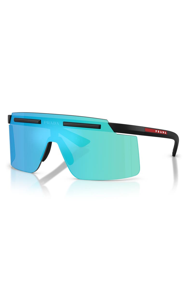 Prada Linea Rossa 140mm Polarized Shield Sunglasses, Alternate, color, Matte Black / Light Green Blue