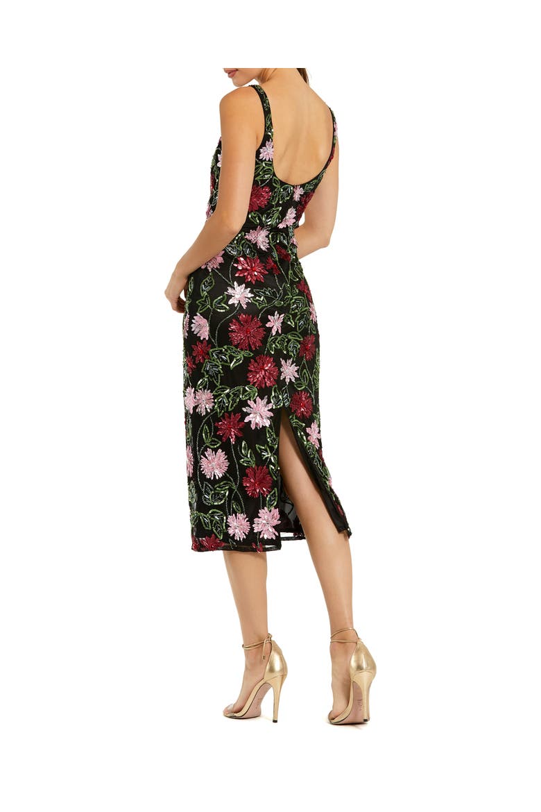 Floral Beaded Mesh Scoop Neck Fitted Midi Dress, Alternate, color, Black Multi