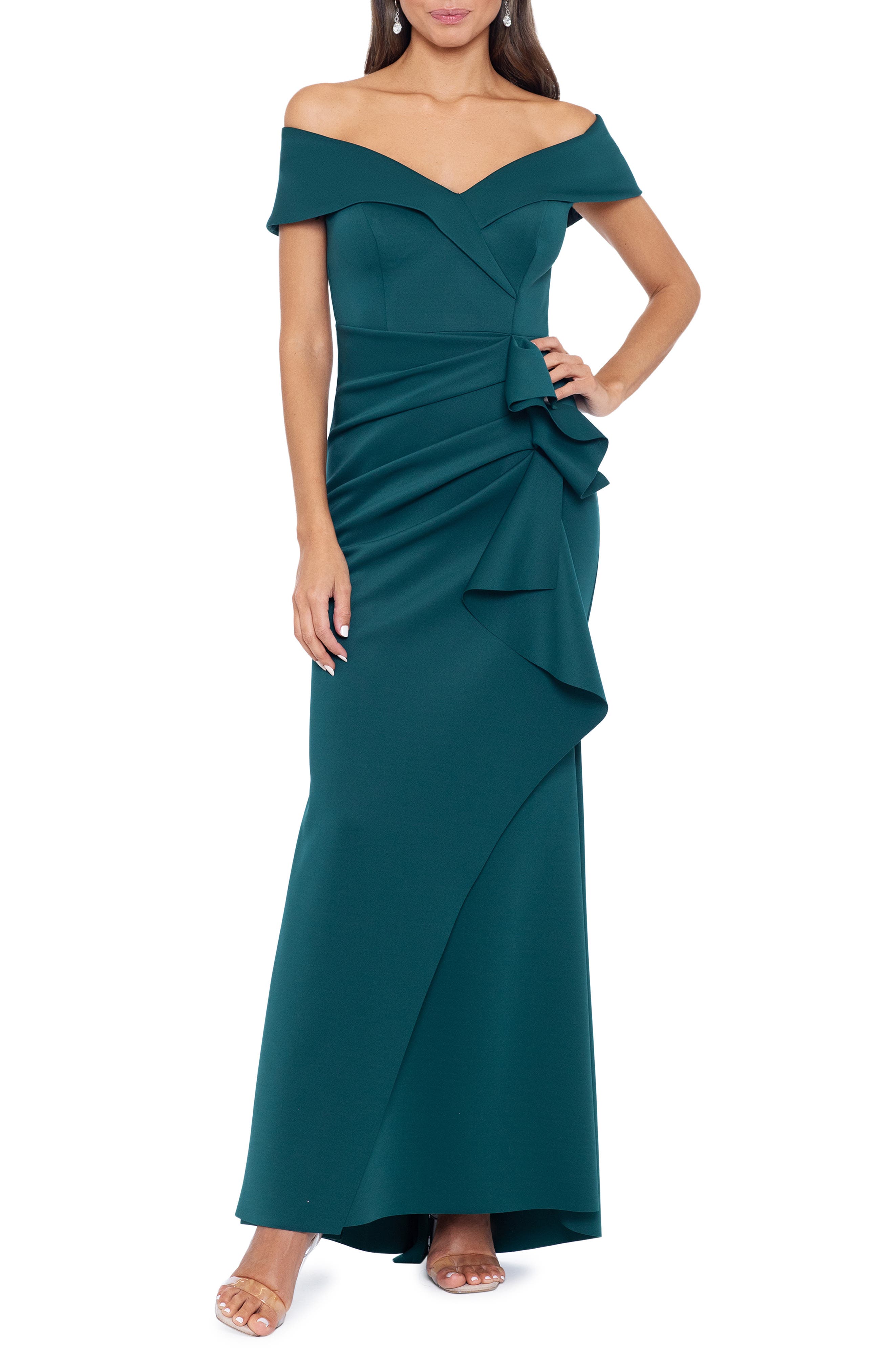 Xscape Evenings Off the Shoulder Ruffle Scuba Crepe Gown