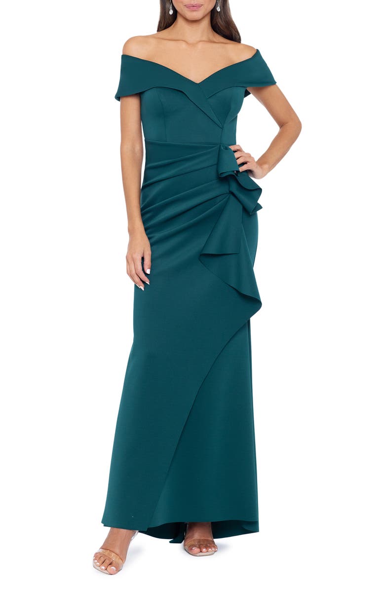 Xscape Evenings Off the Shoulder Ruffle Scuba Crepe Gown, Main, color, Hunter